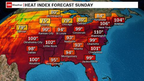 This map shows heat index forecasts for Sunday, as of the early morning.