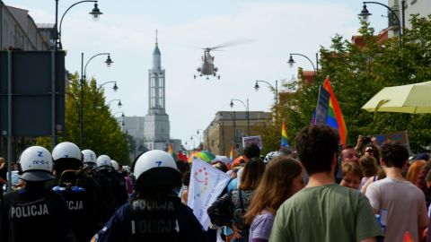 The police kept a protective ring around pride marchers throughout the three-hour march.