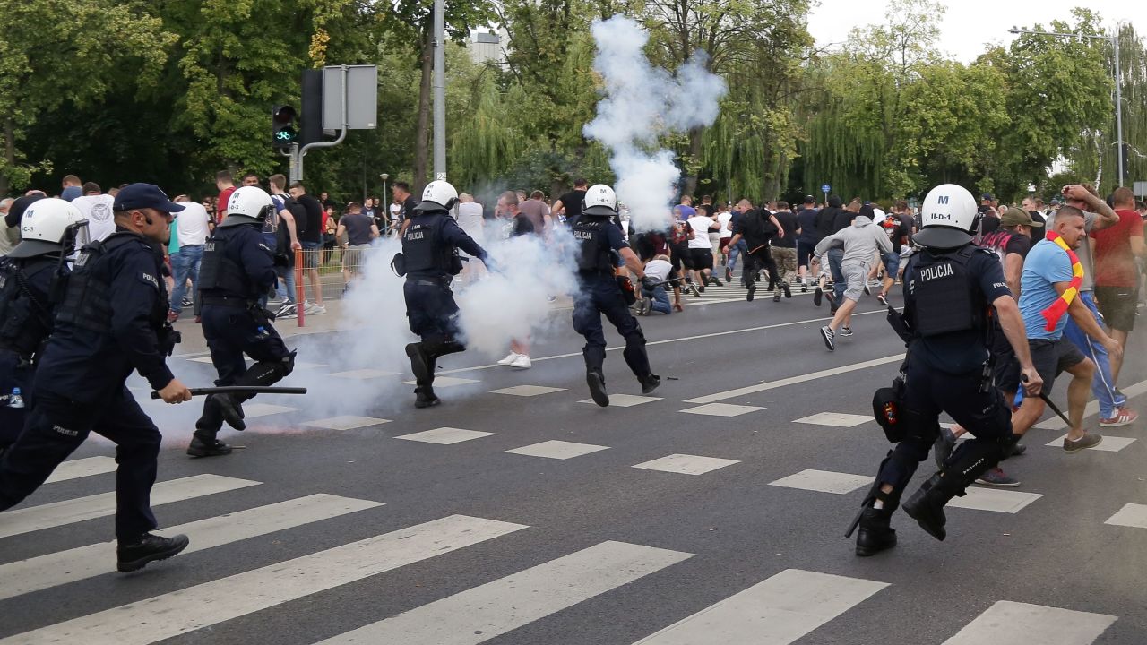 Riot police deployed stun grenades and pepper spray to clear far-right protesters.