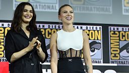 Rachel Weisz and Scarlett Johansson of Marvel Studios' 'Black Widow' at Comic-Con on Saturday. (Photo by Alberto E. Rodriguez/Getty Images for Disney)