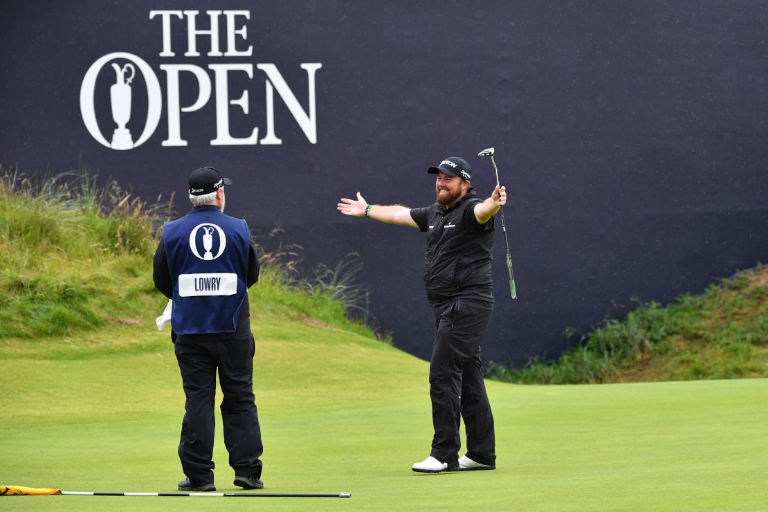 Shane Lowry celebrates after holing the winning putt at Royal Portrush.