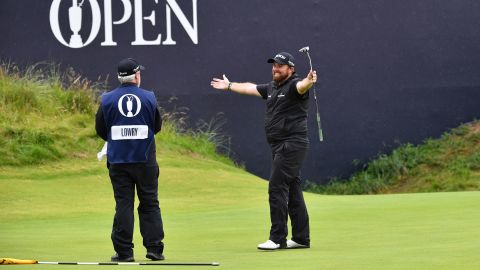 Shane Lowry celebrates after holing the winning putt at Royal Portrush.