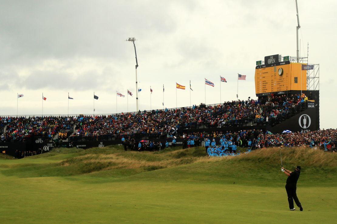 Shane Lowry plays his second shot into 18 en route to winning the Open.