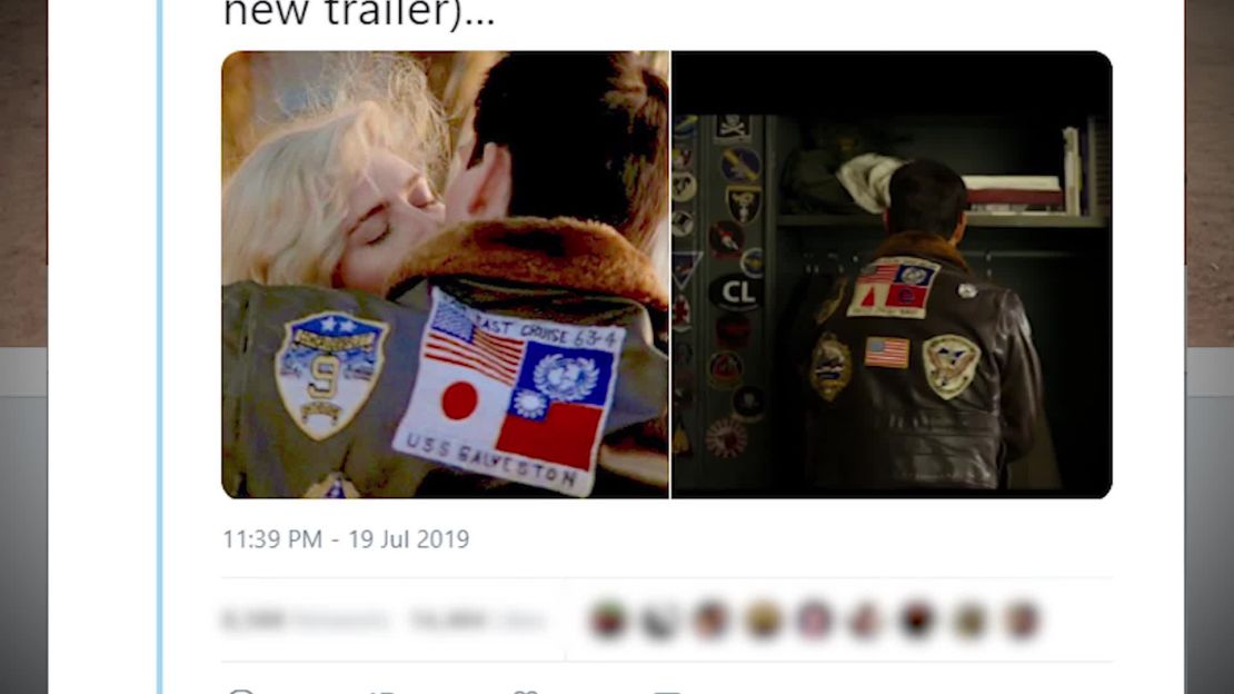 In the trailer of "Top Gun: Maverick," two jacket patches that had originally shown the Japanese and Taiwanese flags (left) appeared to have been swapped out and replaced with two ambiguous symbols in the same color scheme.