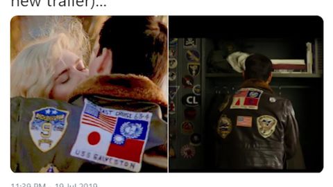 In the trailer of "Top Gun: Maverick," two jacket patches that had originally shown the Japanese and Taiwanese flags (left) appear to have been swapped out and replaced with two ambiguous symbols in the same color scheme.