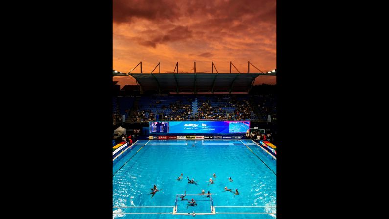 Team Canada and South Korea compete during the Women's Water Polo preliminary round match day six of the FINA World Championships in Gwangju, South Korea, on July 18.