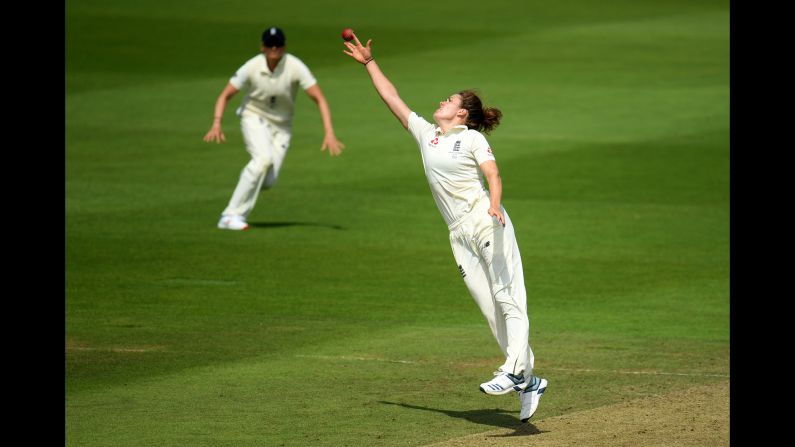 Nat Sciver of England dives to stop the ball during Day Two of the Kia Women's Test Match between England and Australia at The Cooper Associates County Ground in Taunton, England, on July 19.