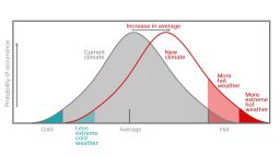 As you increase the average temperature, you would expect to see more extreme hot weather while also seeing fewer instances of extreme cold. 