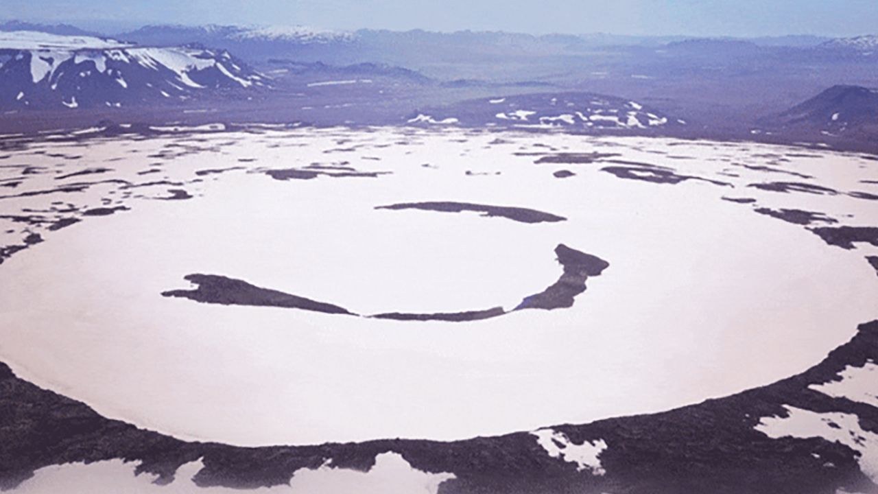 An aerial photo shows what's left of the Okjökull glacier.