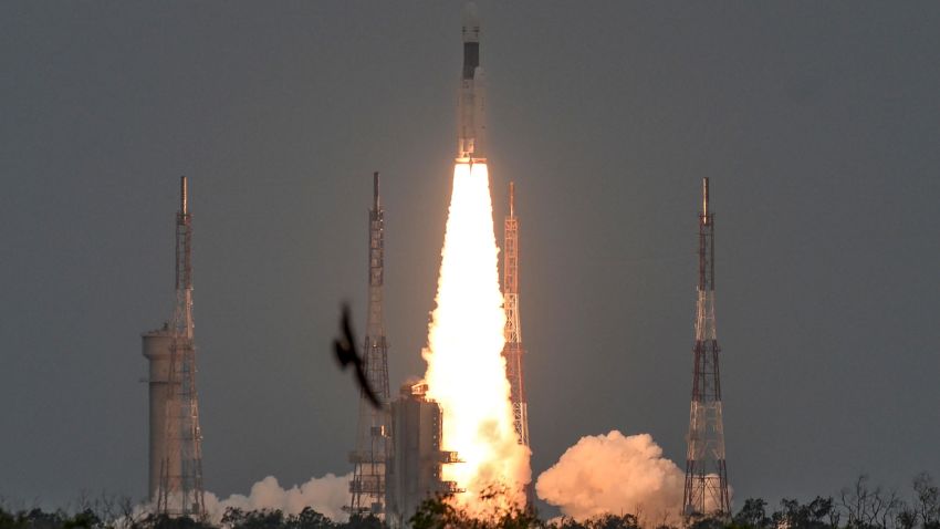 The Indian Space Research Organisation's (ISRO) Chandrayaan-2 (Moon CHariot 2), with on board the Geosynchronous Satellite Launch Vehicle (GSLV-mark III-M1), launches at the Satish Dhawan Space Centre in Sriharikota, an island off the coast of southern Andhra Pradesh state, on July 22, 2019. - India launched a bid to become a leading space power on July 22, sending up a rocket to put a craft on the surface of the Moon in what it called a "historic day" for the nation. (Photo by ARUN SANKAR / AFP)        (Photo credit should read ARUN SANKAR/AFP/Getty Images)