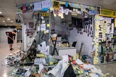 The office of pro-Beijing lawmaker Junius Ho was trashed by protesters in Hong Kong's Tsuen Wan district.