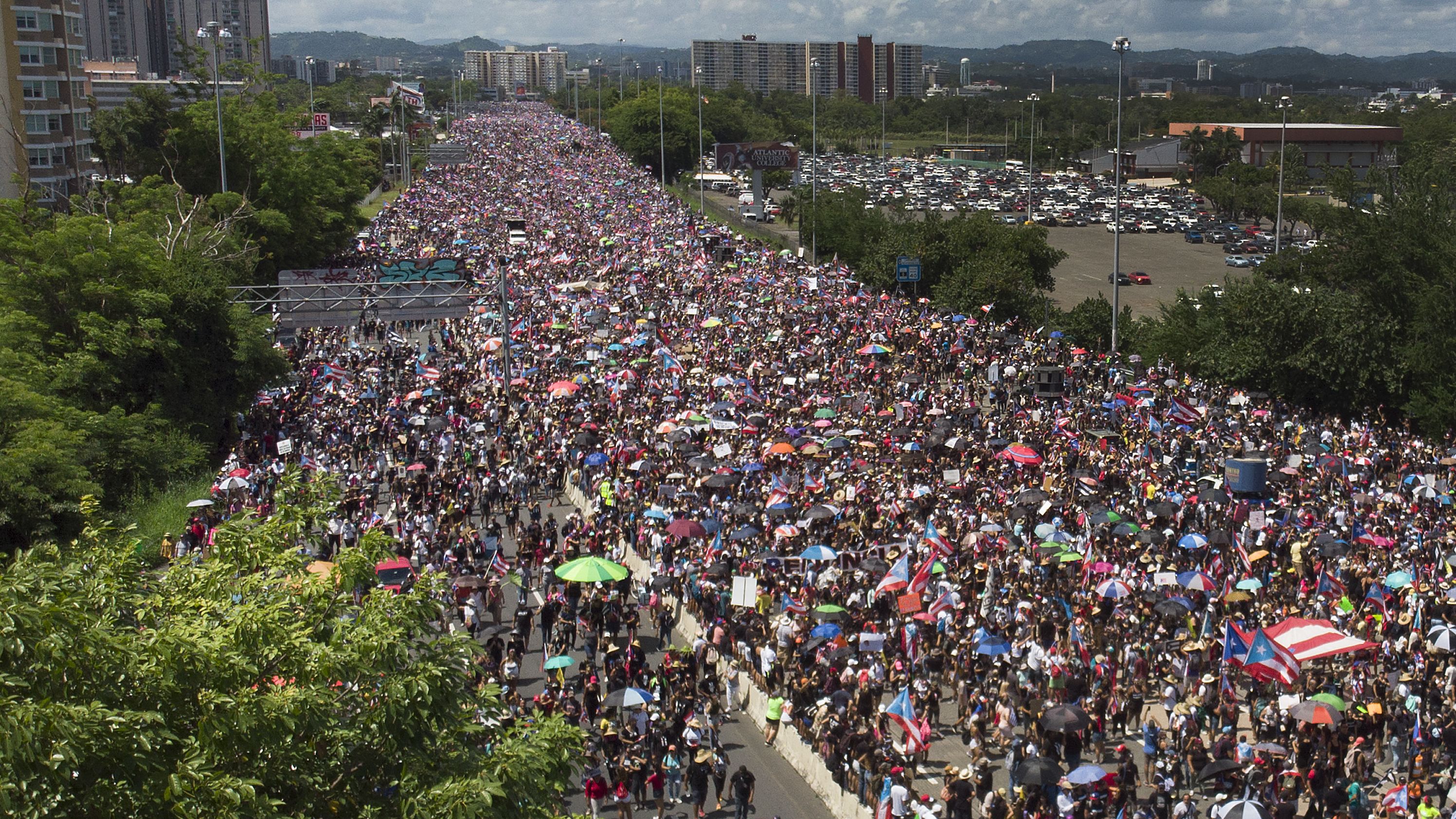 An aerial view from a drone shows thousands of people as they fill the Expreso Las Américas highway calling for the ouster of Gov. Ricardo A. Rosselló on July 22, 2019, in San Juan, Puerto Rico.