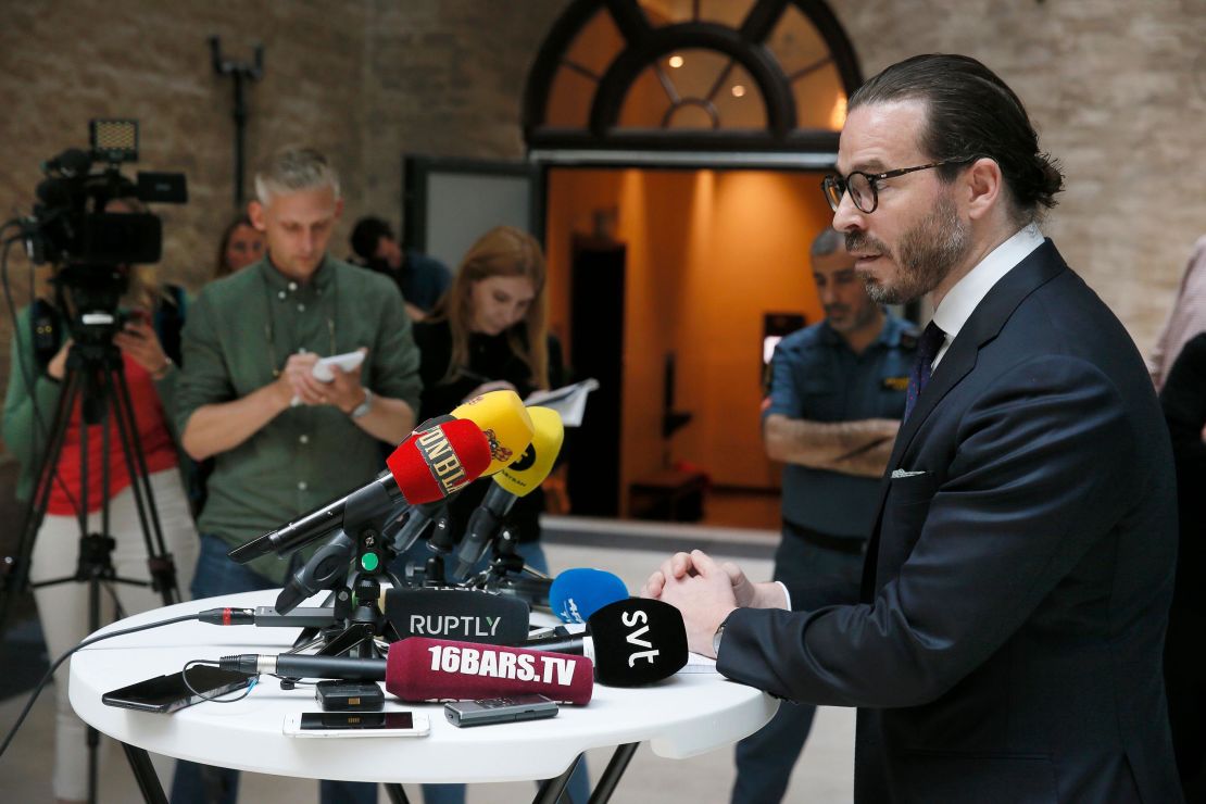 Slobodan Jovicic, A$AP Rocky's lawyer, talks to media on July 19 following a Stockholm court's decision to extend the rap artist's detention. 