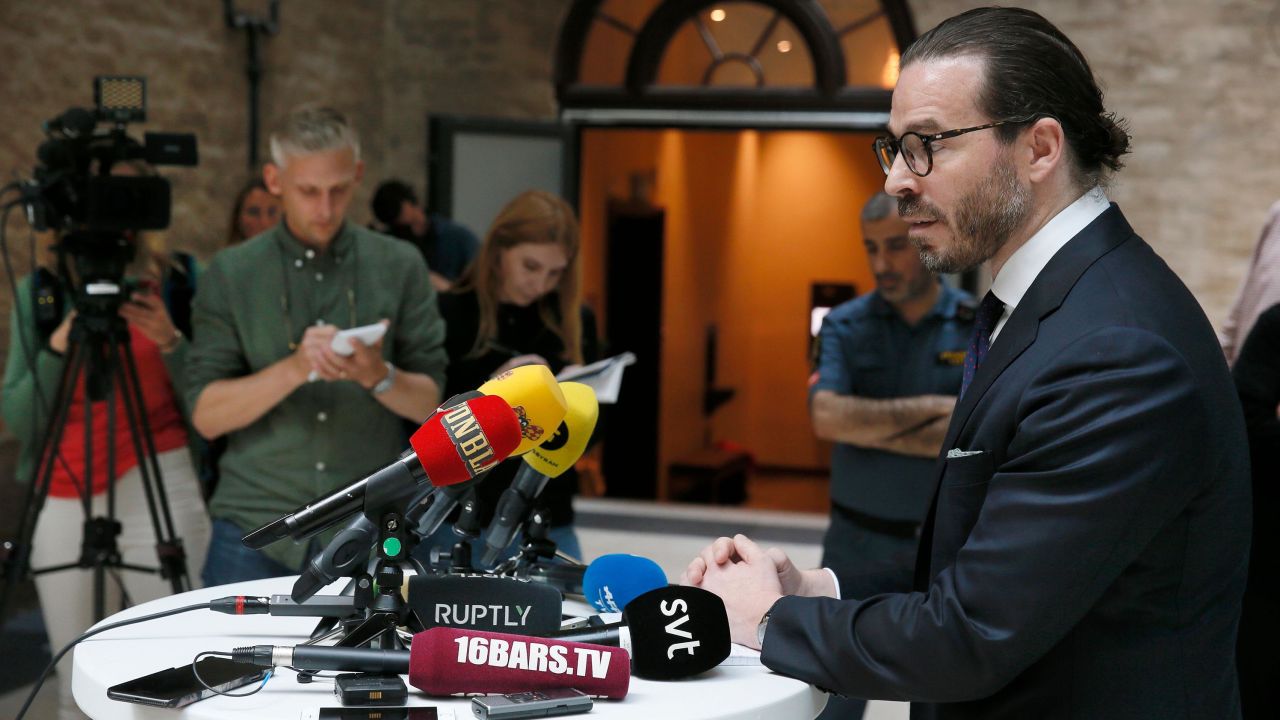 Slobodan Jovicic, A$AP Rocky's lawyer, talks to media on July 19 following a Stockholm court's decision to extend the rap artist's detention. 