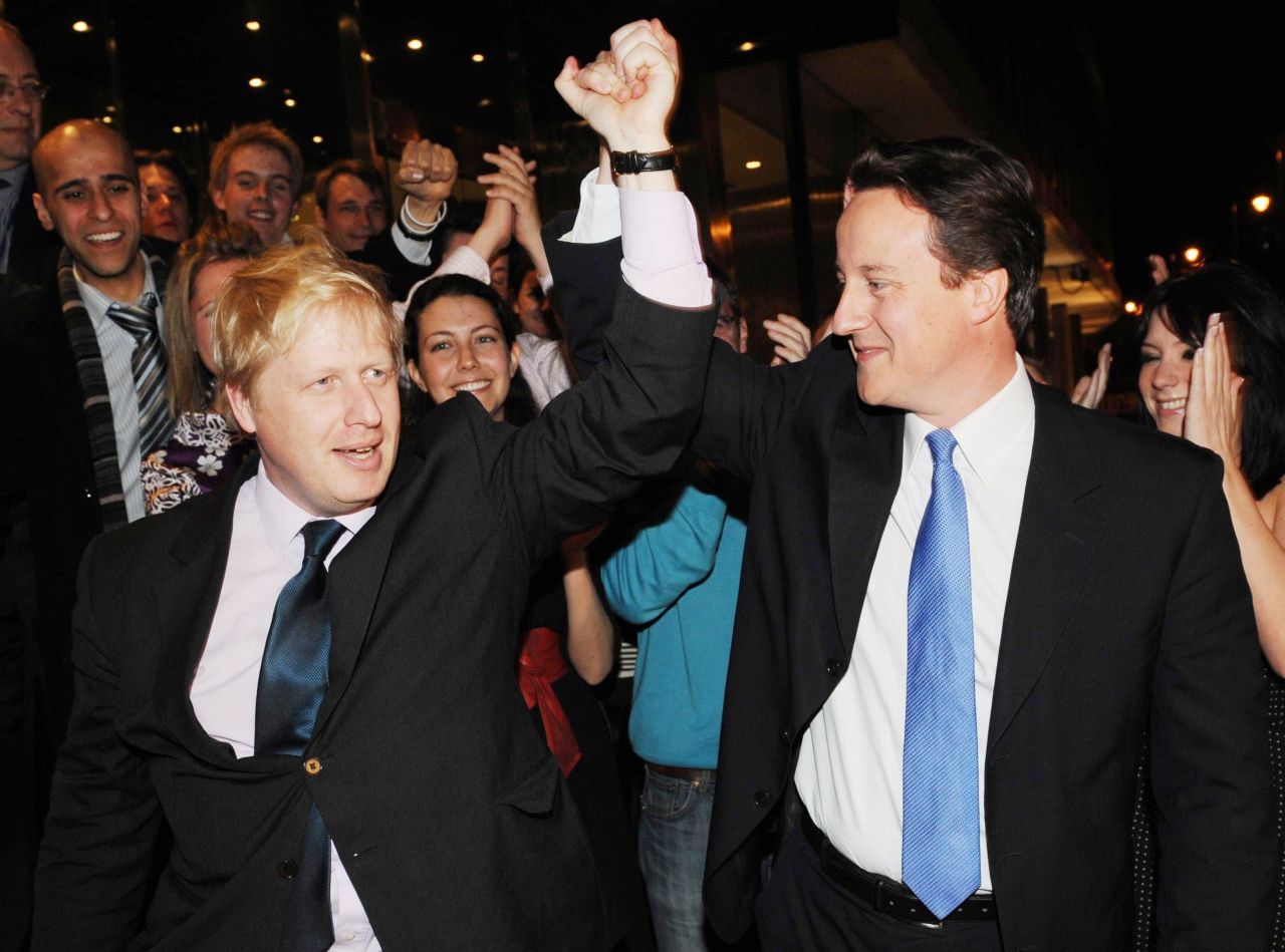 Johnson is congratulated by Conservative Party leader David Cameron, right, after being elected mayor of London in May 2008. Cameron later became prime minister.