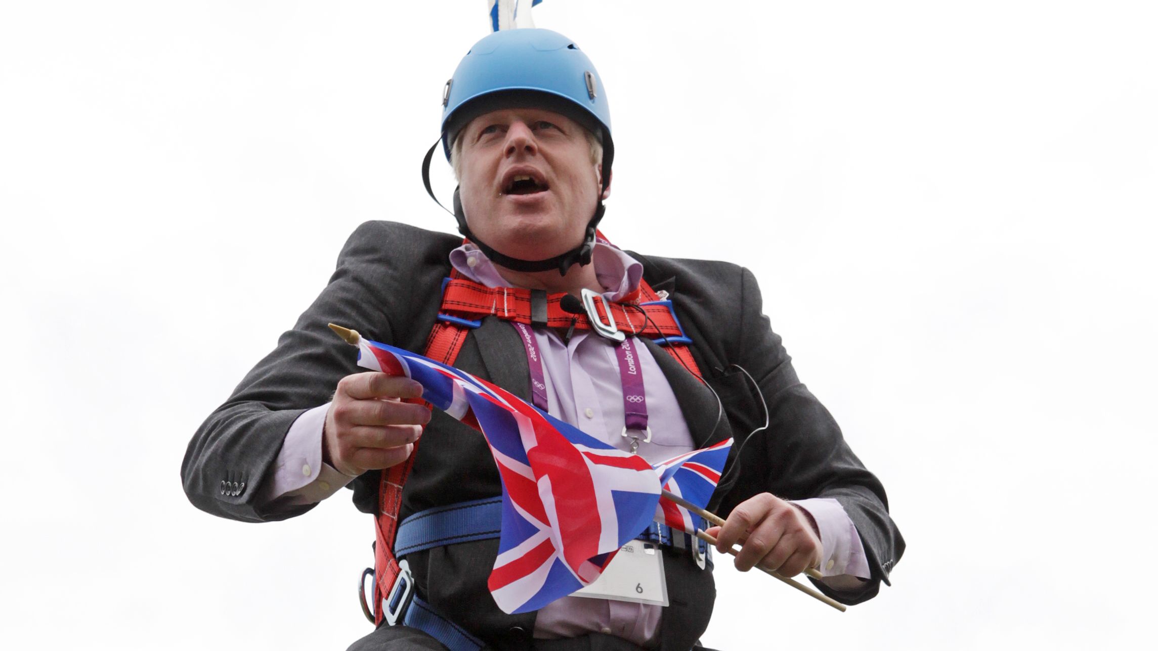 Johnson gets stuck on a zip line during an event in London's Victoria Park in August 2012.