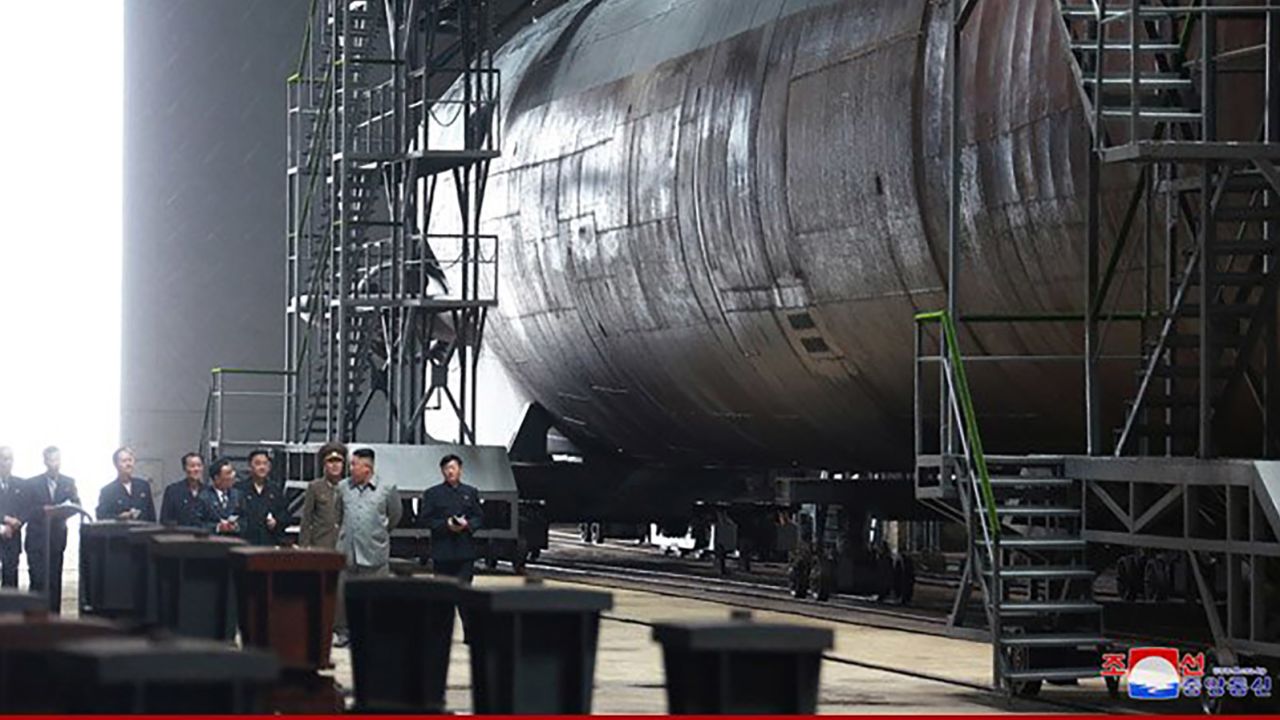 Kim is seen alongside what appears to be a sub in this image released by North Korean state media Tuesday.