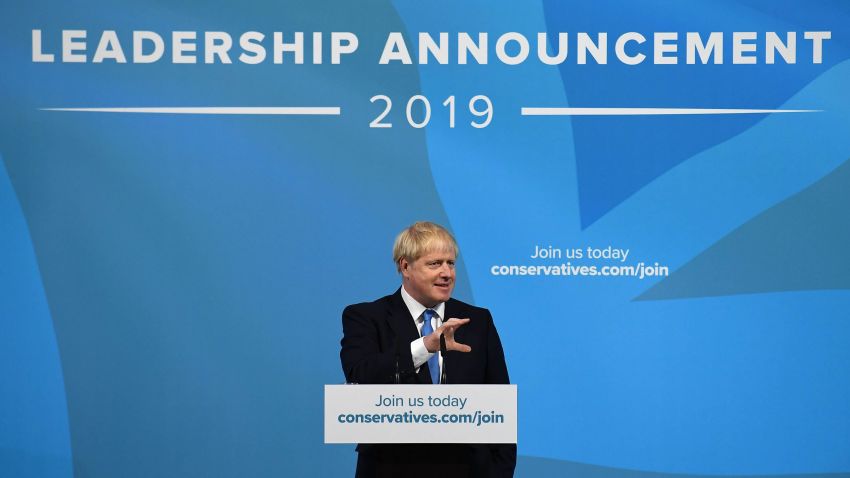 New Conservative Party leader and incoming prime minister Boris Johnson gives a speech at an event to announce the winner of the Conservative Party leadership contest in central London on July 23, 2019. (Photo by Ben STANSALL / AFP)        (Photo credit should read BEN STANSALL/AFP/Getty Images)