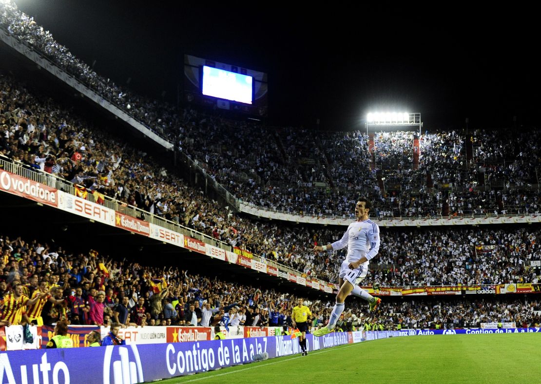 Gareth Bale celebrates after scoring during the Copa del Rey final against Barceona.