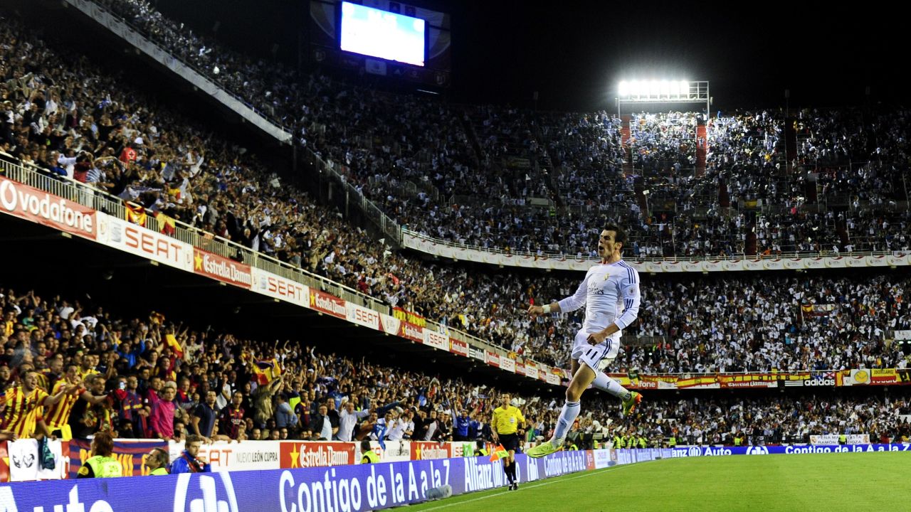 Gareth Bale celebrates after scoring a stunning solo goal to win the Copa del Rey final.