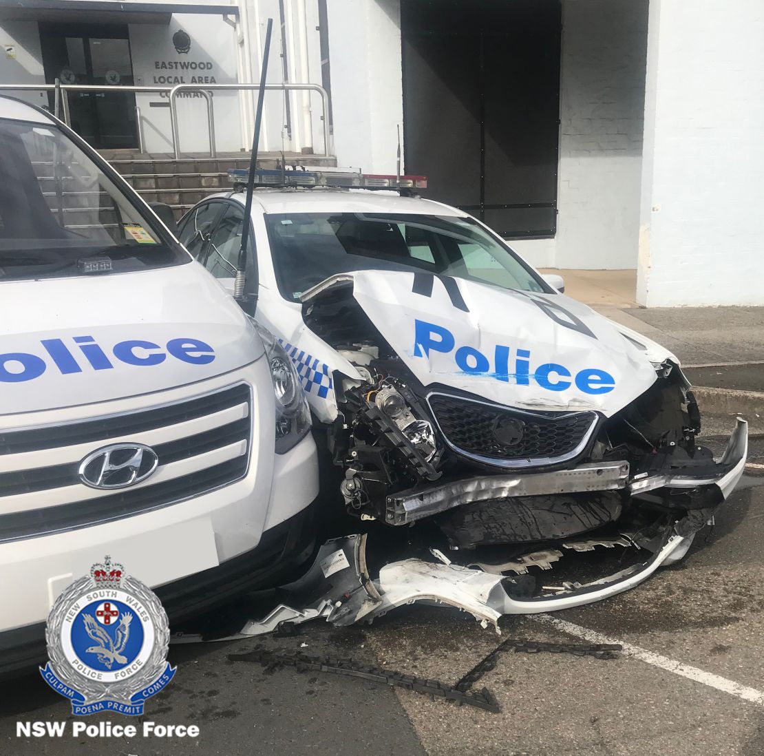 A police car damaged after it was allegedly hit by a van carrying a large meth haul in Sydney, Australia, on July 23, 2019. 
