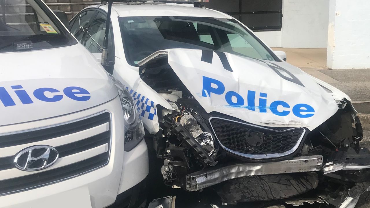 A police car damaged after it was allegedly hit by a van carrying a large meth haul in Sydney, Australia, on July 23, 2019. 