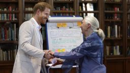 Britain's Prince Harry and Dr Jane Goodall dance as he attends Dr Jane Goodall's Roots & Shoots Global Leadership Meeting at St. George's House, Windsor Castle in England, Tuesday, July 23, 2019. Roots & Shoots is a global programme empowering young people of all ages, working to ignite and inspire the belief that every individual can take action to make the world a better place for people, animals and the environment. (AP Photo/Kirsty Wigglesworth, pool)