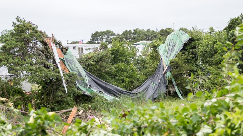 YARMOUTH, MA - JULY 23: Debris from the Cape Sands Inn is seen after a tornado tore off the roof on July 23, 2019 in Yarmouth, Massachusetts. A rare tornado brought 80 mph winds to parts coastal Massachusetts, severely damaging the popular hotel and other nearby properties.   (Photo by Scott Eisen/Getty Images)