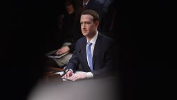 Facebook founder and CEO Mark Zuckerberg testifies during a Senate Commerce, Science and Transportation Committee and Senate Judiciary Committee joint hearing about Facebook on Capitol Hill in Washington, DC, April 10, 2018.