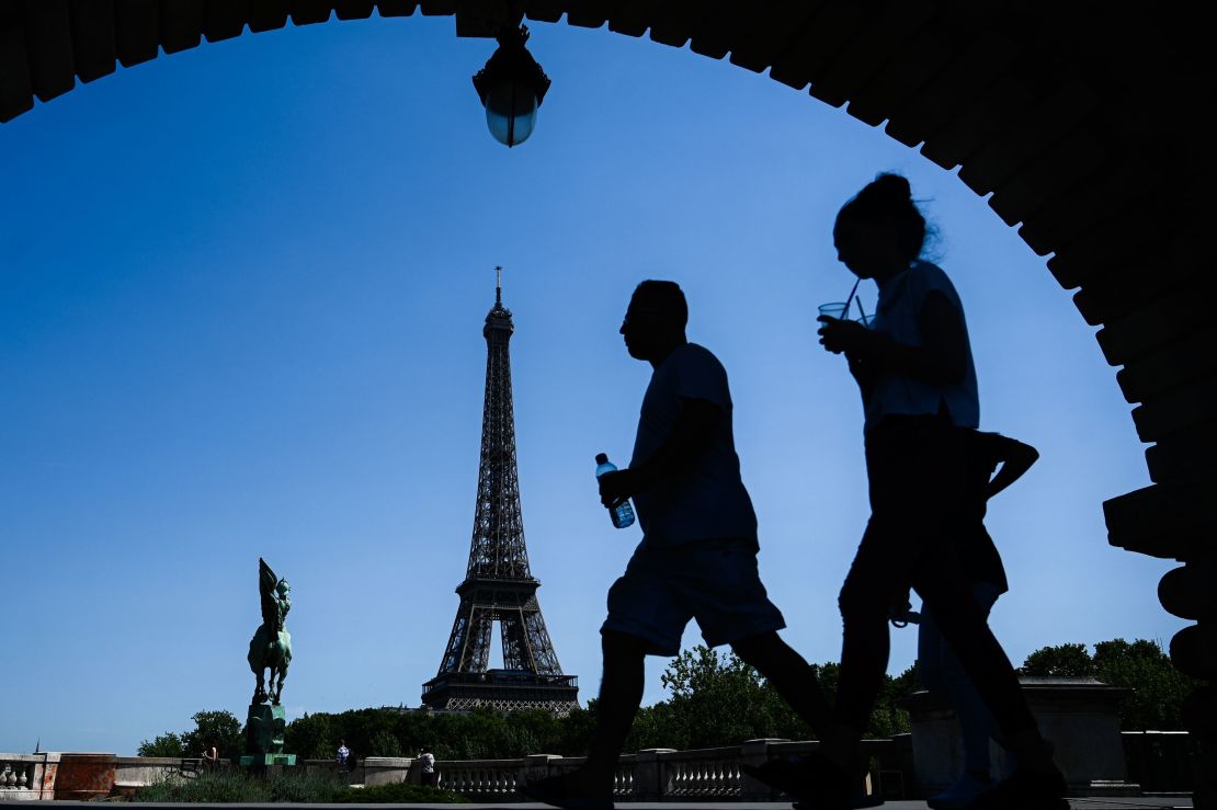 Blue skies behind the Eiffel Tower in Paris on July 23, 2019.