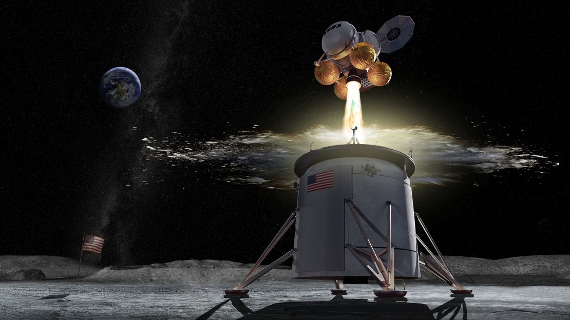 A depiction of an ascent vehicle separating from a descent vehicle.