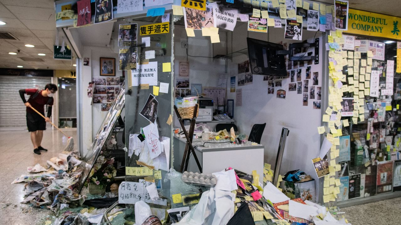 The office of pro-Beijing government lawmaker Junius Ho is seen after protesters trashed the premises in Hong Kong's Tsuen Wan district on July 22, 2019.