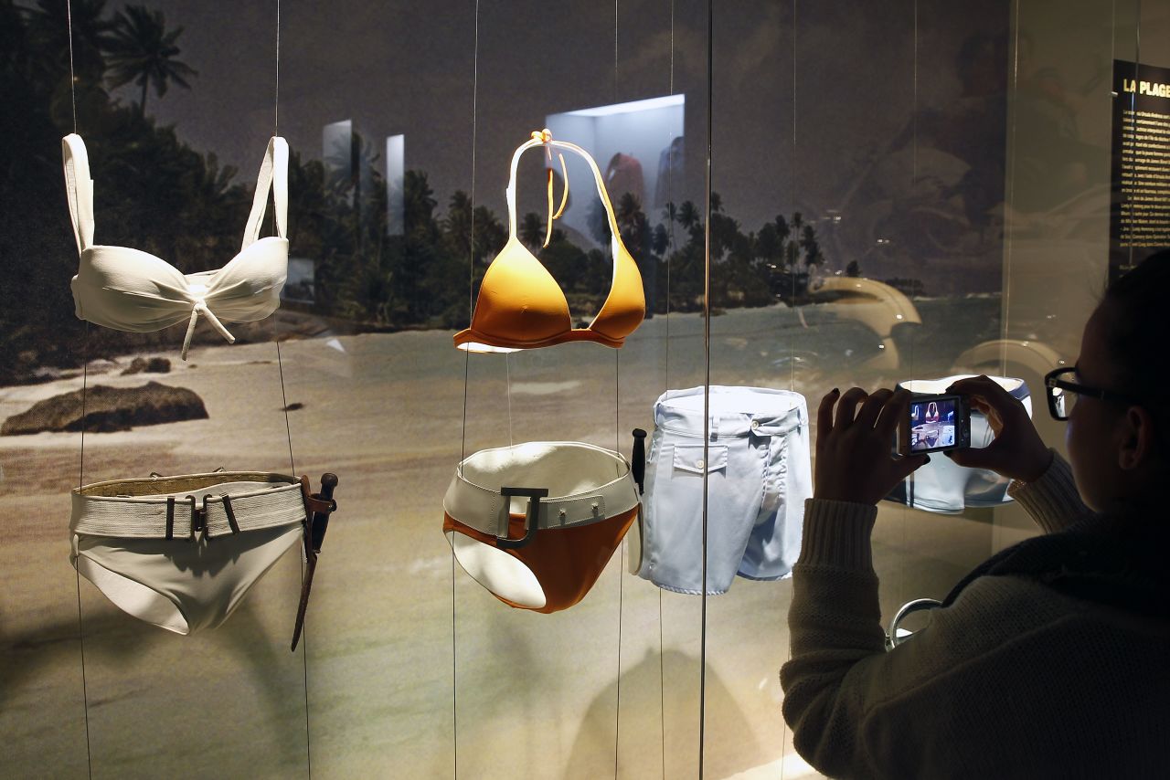 Ursula Andress' and Halle Berry's bikinis on display in 2016 at a Paris exhibition dedicated to the design of James Bond movies.