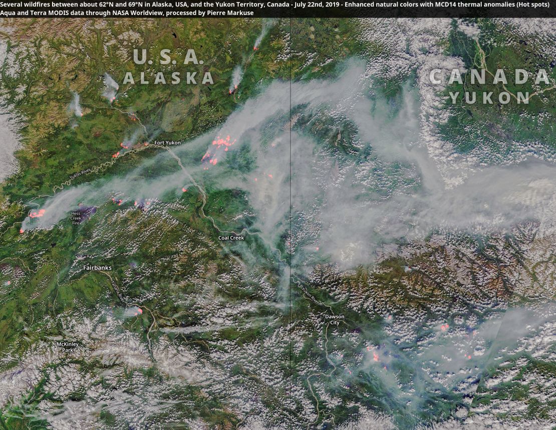 Satellite images show smoke billowing across Greenland and Alaska as wildfires ravage the region.