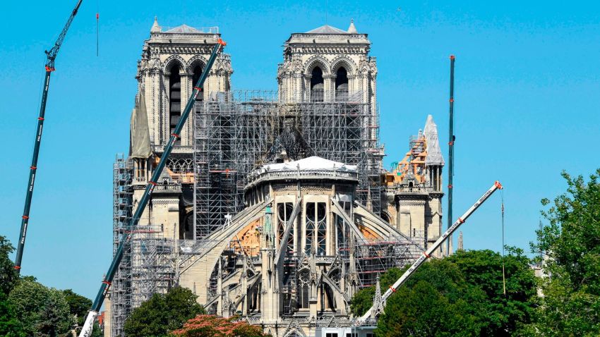 This picture taken on July 9, 2019 in Paris shows Notre-Dame de Paris cathedral as reconstruction works are ongoing after it was badly damaged by a huge fire last April 15. (Photo by BERTRAND GUAY / AFP) (Photo credit should read BERTRAND GUAY/AFP/Getty Images)