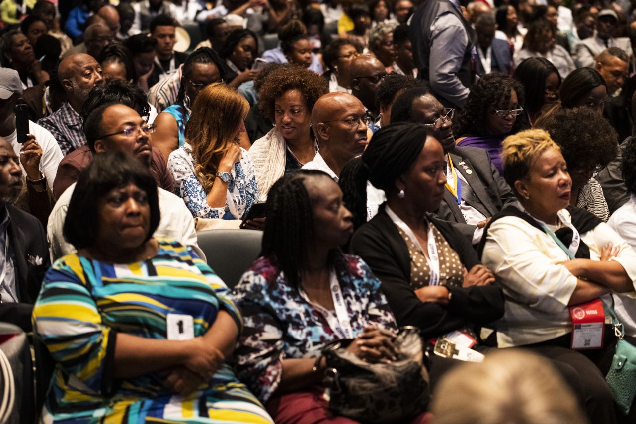 People listen to introductory remarks before the start of the presidential forum hosted by the NAACP on Wednesday, July 24.