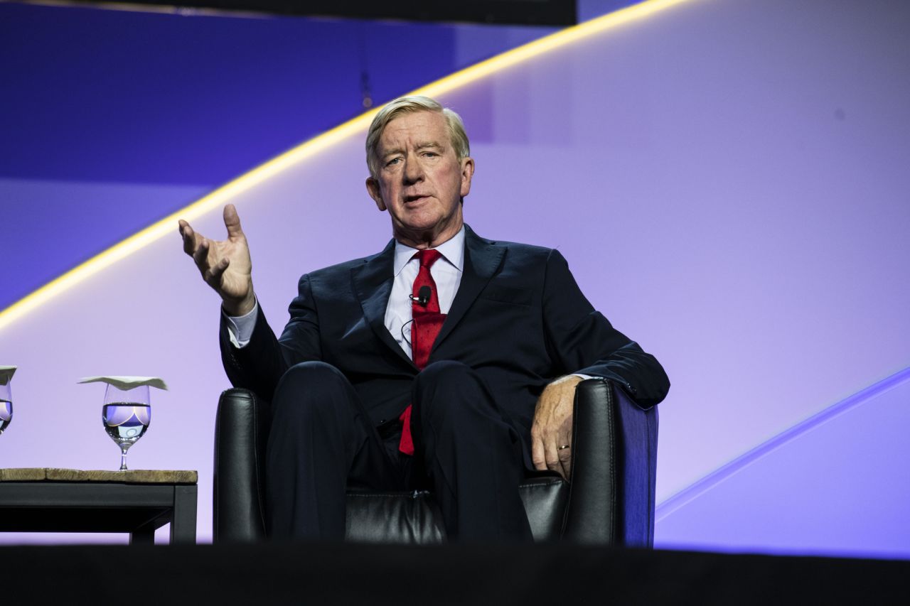 Former Massachusetts Gov. Bill Weld, who is seeking the Republican Party's presidential nomination, speaks on stage concerning issues surrounding race.