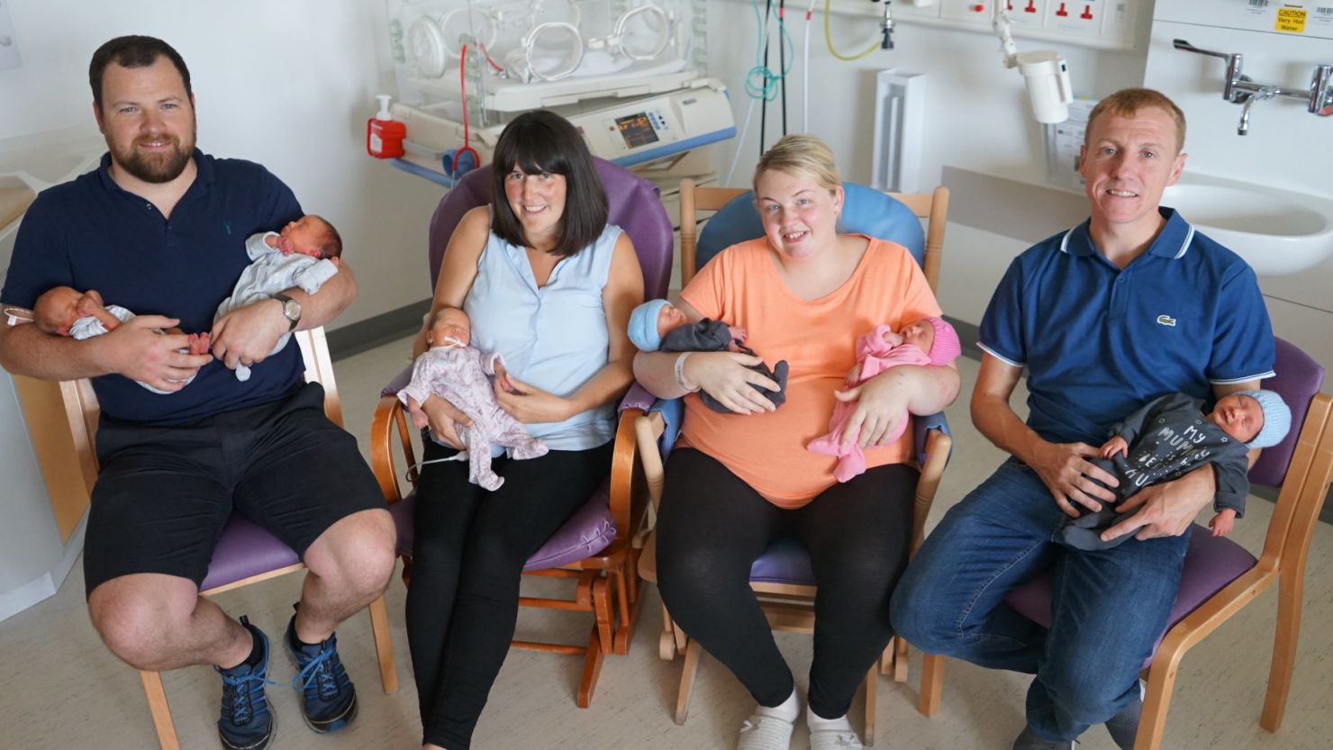 Johnny and Claire Stewart and Kirsty and Brendan McMenamin had triplets within 24 hours of each other.