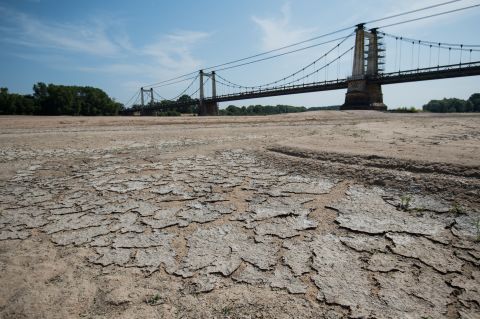 A dry part of the Loire's river bed is seen in Montjean-sur-Loire, France, on Wednesday, July 24.