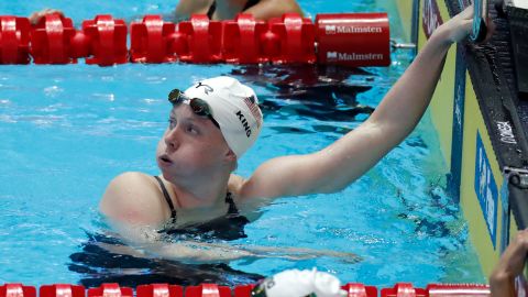 Lilly King reacts after her women's 200m breaststroke heat at the World Swimming Championships in Gwangju, South Korea, on Thursday.