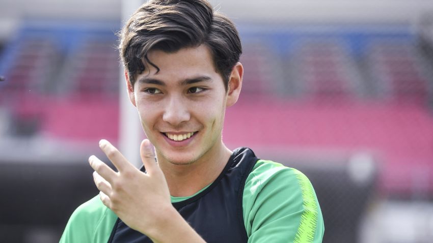 Naturalized Chinese football player John Hou Sæter of China's Beijing Sinobo Guoan take part in a training session before the group G match against Thailand's Buriram United during the 2019 AFC Champions League in Beijing, China, 23 April 2019.  (Imaginechina via AP Images)