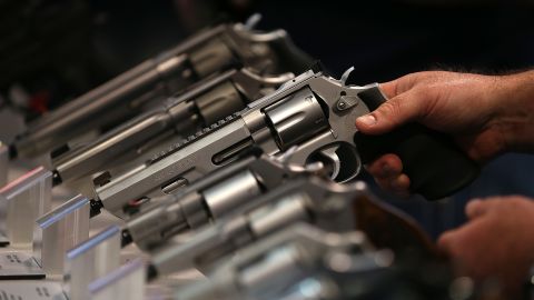 Smith & Wesson handguns are displayed during the 2015 NRA Annual Meeting & Exhibits on April 10, 2015 in Nashville, Tennessee.