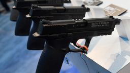 Handguns are displayed at the Smith & Wesson booth at the 2018 National Shooting Sports Foundation's Shooting, Hunting, Outdoor Trade Show on January 23, 2018, in Las Vegas, Nevada. 