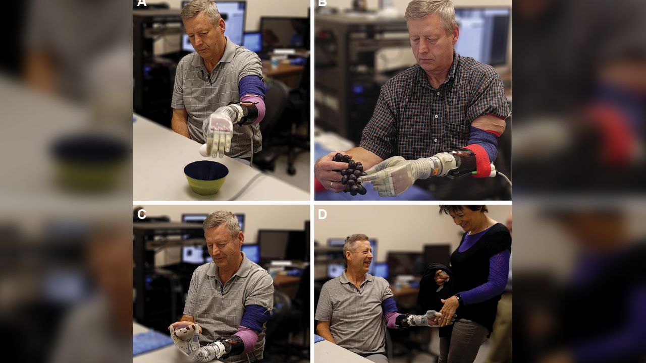 Walgamott performed several one- and two-handed daily living tasks while using the sensorized prosthesis, including moving an egg (A), picking grapes (B), texting on his phone (C), and shaking hands with his wife (D). 