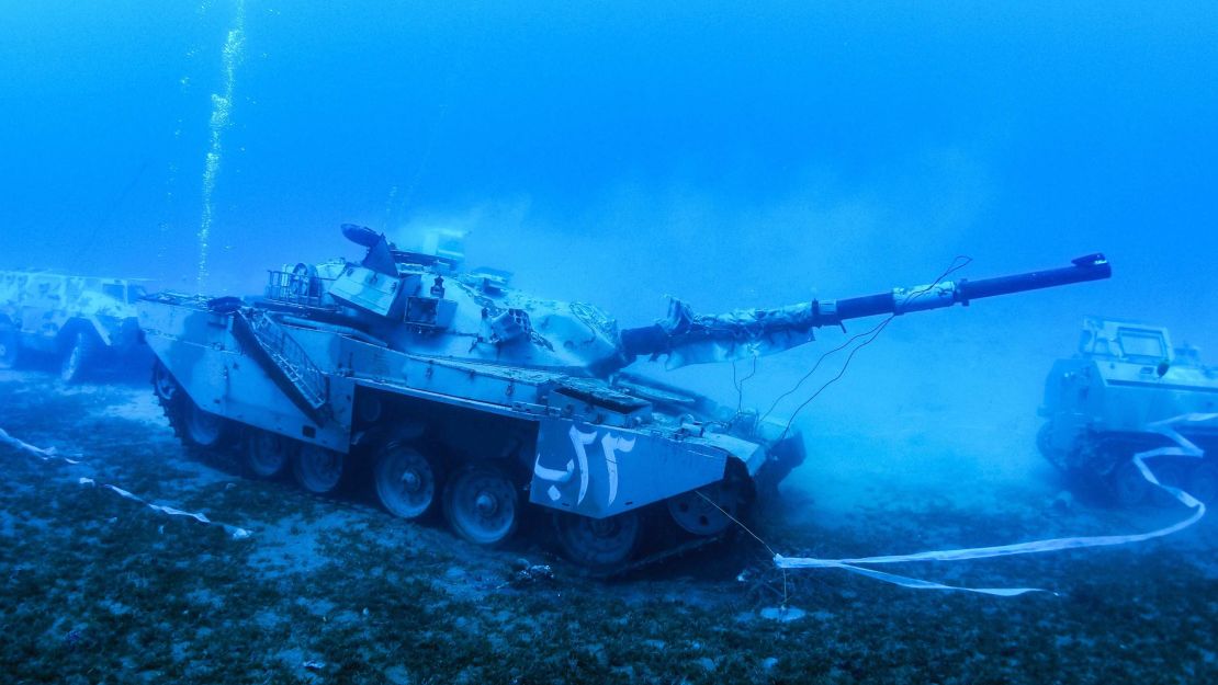 A sunken Jordanian Armed Forces' Khalid battle tank on the seabed of the Red Sea. 