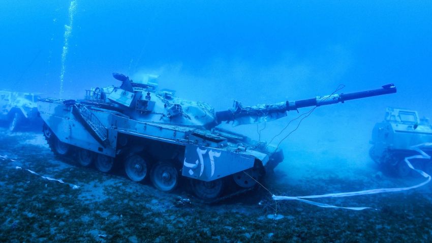 TOPSHOT - A handout picture released by Jordan's Aqaba Special Economic Zone Authority (ASEZA) on July 23, 2019 shows a sunken Jordanian Armed Forces' Khalid battle tank on the seabed of the Red Sea off the coast of the southern port city of Aqaba, submerged to be part of a new underwater military museum. (Photo by - / Aqaba Special Economic Zone Authority / AFP) / RESTRICTED TO EDITORIAL USE - MANDATORY CREDIT "AFP PHOTO / HANDOUT AQABA SPECIAL ECONOMIC ZONE AUTHORTY" - NO MARKETING NO ADVERTISING CAMPAIGNS - DISTRIBUTED AS A SERVICE TO CLIENTS-/AFP/Getty Images