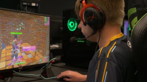 Lion Krause, a 13-year-old player from Germany who goes by "Lyght," practices Fortnite before the World Cup this weekend where he qualified as a solo finalist.