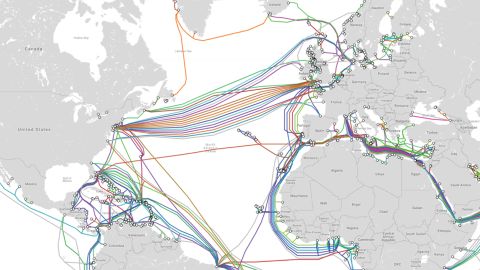 This map from TeleGeography shows undersea data cables which span the Atlantic Ocean.
