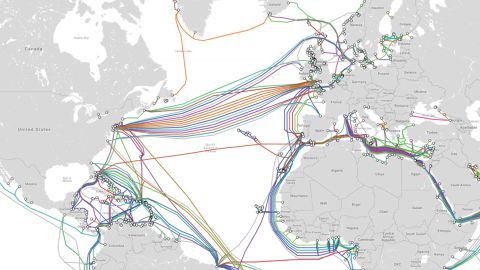 This map from TeleGeography shows undersea data cables which span the Atlantic Ocean.