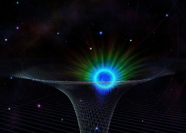 A star known as S0-2, represented as the blue and green object in this artist's illustration, made its closest approach to the supermassive black hole at the center of the Milky Way in 2018. This provided a test for Einstein's theory of general relativity.